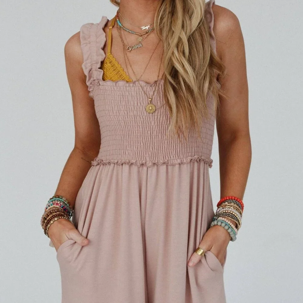 NWT THREE BIRD NEST Nothing Compares Smocked Ruffle Jumpsuit Dusty Rose Small - Picture 2 of 4